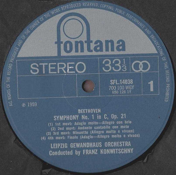 Ludwig van Beethoven, Gewandhausorchester Leipzig Conducted By Franz Konwitschny : Symphony No. 1 In C, Op. 21 / Symphony No. 2 In D, Op. 36 (LP)
