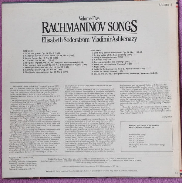 Sergei Vasilyevich Rachmaninoff, Elisabeth Söderström · Vladimir Ashkenazy : Songs Volume Five (LP)