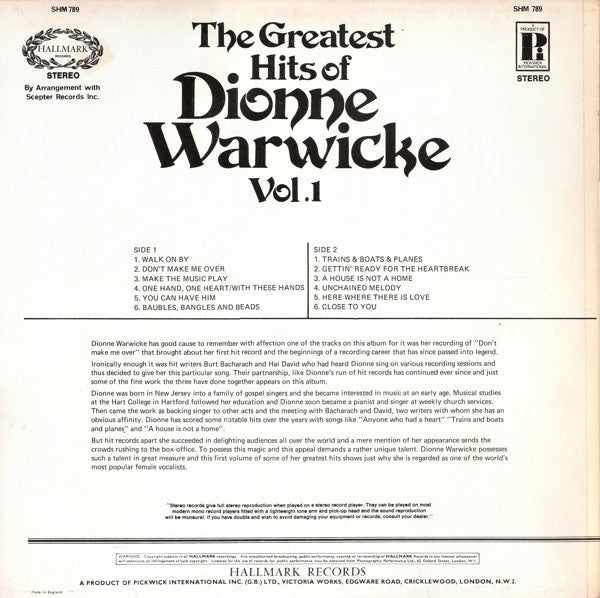 Dionne Warwick : The Greatest Hits Of Dionne Warwicke Vol. 1 (LP, Comp)