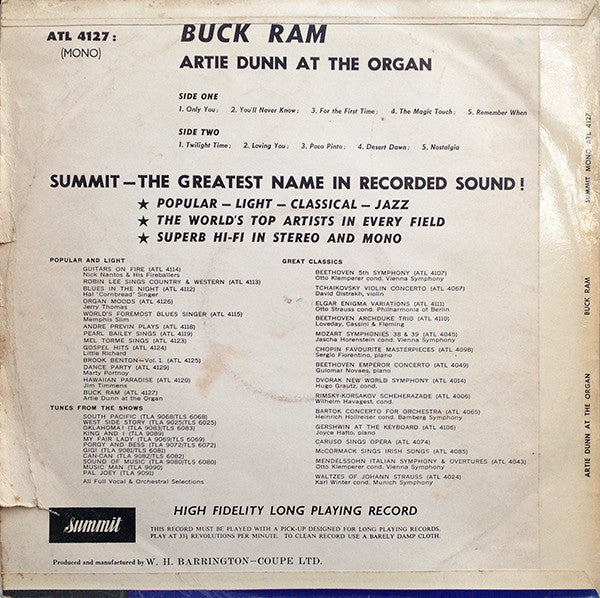 Artie Dunn : Artie Dunn At The Organ Plays Buck Ram (LP)