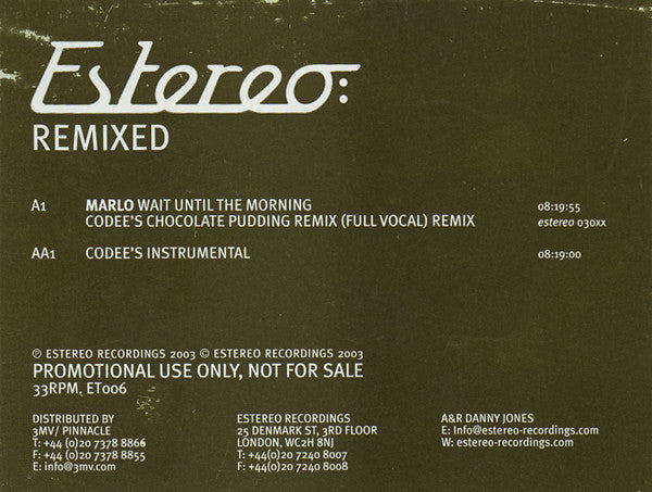 Marlo (2) : Wait Until The Morning (Estereo: Remixed) (12", Promo, W/Lbl)