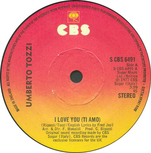 Umberto Tozzi : I Love You (Ti Amo) (7", Single)