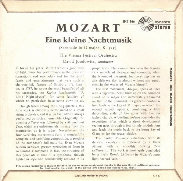 Wolfgang Amadeus Mozart - Wiener Festspielorchester, David Josefowitz : Eine Kleine Nachtmusik (7", RE)