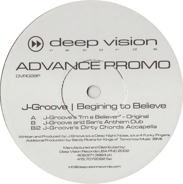 J-Groove : Begining To Believe (12", Advance, Promo)