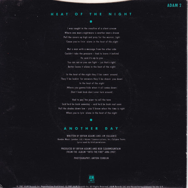 Bryan Adams : Heat Of The Night  (7", Single)