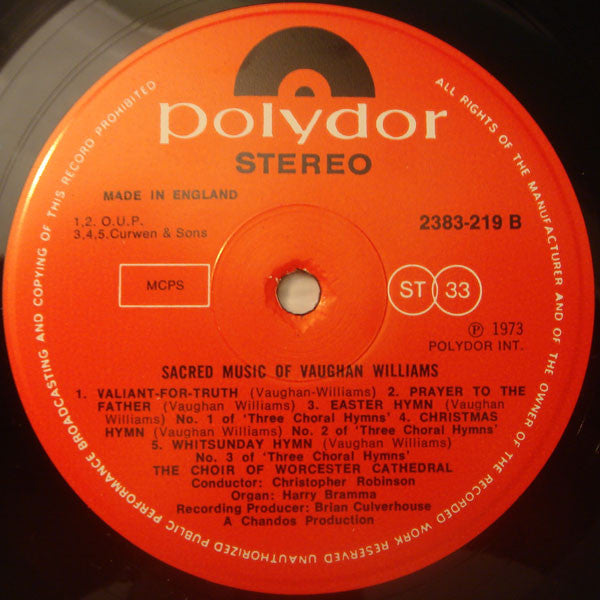 Vaughan Williams* / The Choir Of Worcester Cathedral* Conducted By Christopher Robinson : Sacred Music Of Vaughan Williams (LP)