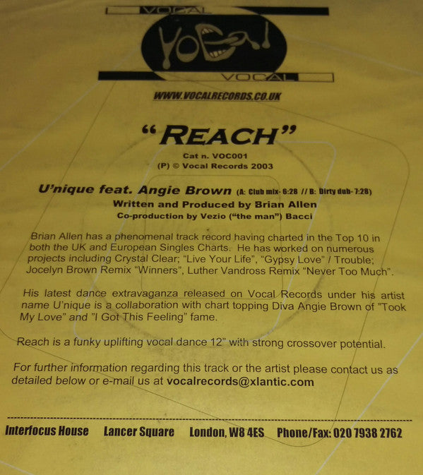 U'nique Feat. Angie Brown : Reach (12", Promo, W/Lbl)