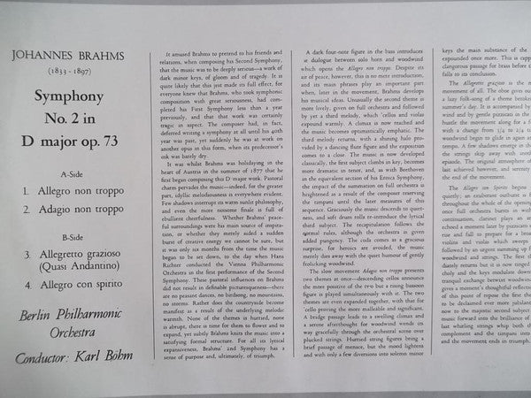 Johannes Brahms, Karl Böhm, Berliner Philharmoniker : Symphony No. 2 D Major Op. 73 (LP, Album, RE, Fak)