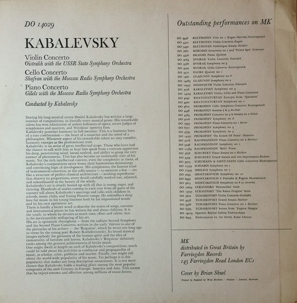 Dmitry Kabalevsky, David Oistrach / Даниил Шафран / Emil Gilels : Violin Cello & Piano Concertos (LP, Mono)
