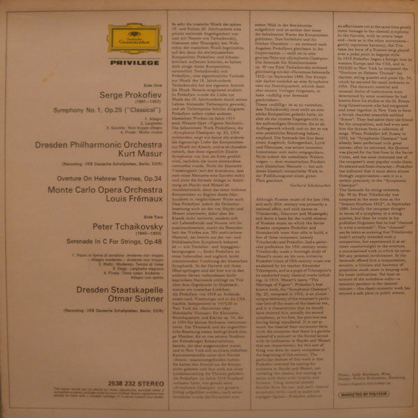 Sergei Prokofiev / Pyotr Ilyich Tchaikovsky - Kurt Masur / Louis Frémaux / Otmar Suitner : Symphone Classique / Ouverture Über Hebräiche Themen (Overture On Hebrew Themes) / Streicherserenade (Serenade For Strings) (LP, Comp)