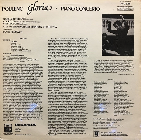 Francis Poulenc, Norma Burrowes, Cristina Ortiz, Louis Frémaux : Gloria - Piano Concerto (LP, Quad)