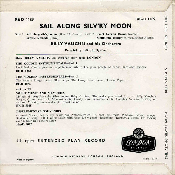 Billy Vaughn : Sail Along Silv'ry Moon (7", EP, Mono)