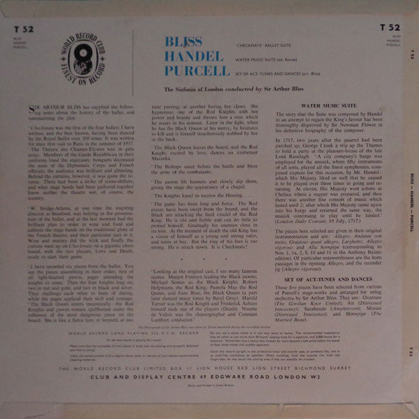 Bliss* / Handel* / Purcell*, Sir Arthur Bliss* Conducts The Sinfonia Of London : Checkmate Ballet Suite / Water Music Suite / Set Of Act-Tunes And Dances (LP, Album, Mono, Club)