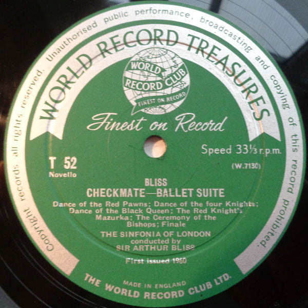 Bliss* / Handel* / Purcell*, Sir Arthur Bliss* Conducts The Sinfonia Of London : Checkmate Ballet Suite / Water Music Suite / Set Of Act-Tunes And Dances (LP, Album, Mono, Club)