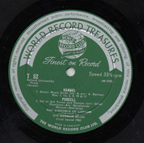 Bliss* / Handel* / Purcell*, Sir Arthur Bliss* Conducts The Sinfonia Of London : Checkmate Ballet Suite / Water Music Suite / Set Of Act-Tunes And Dances (LP, Album, Mono, Club)