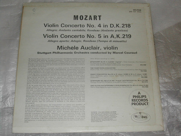 Wolfgang Amadeus Mozart, Marcel Couraud Conducting The Stuttgarter Philharmoniker, Michèle Auclair : Violin Concerto No. 4, K.218, Violin Concerto No. 5, K.219 (LP, Album, Mono, RE)