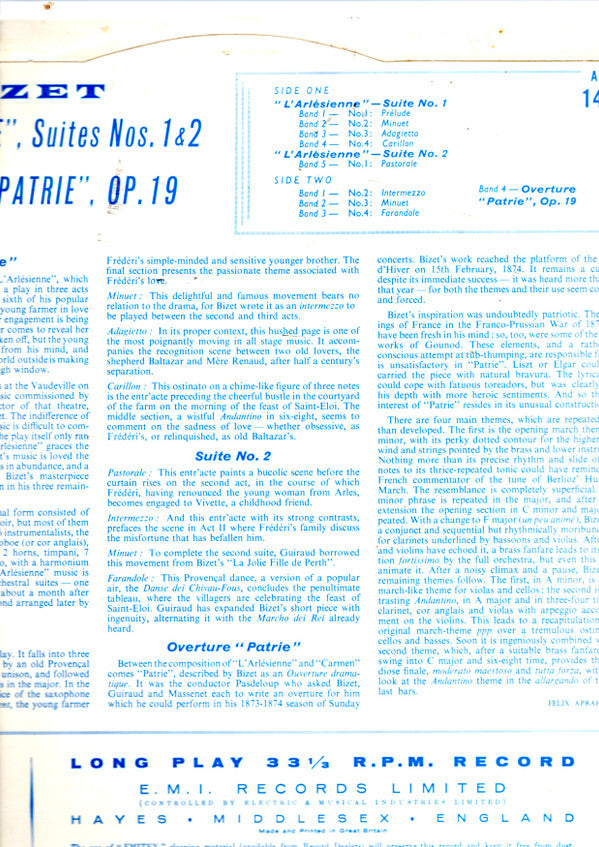 Bizet*, Sir Thomas Beecham, Bart.*, Royal Philharmonic Orchestra : "L'Arlesienne" Suites 1 & 2, Overture "Patrie" (LP, Mono)