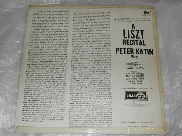 Franz Liszt - Peter Katin : Liszt Recital (LP, Mono)