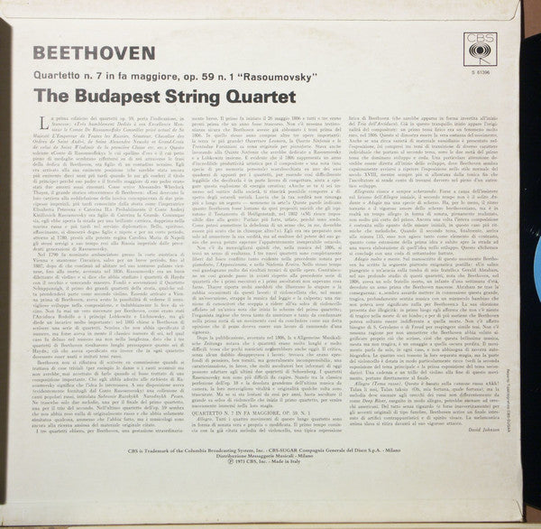Budapest String Quartet : The Middle Quartetts - No. 7 in F, Op. 59, No. 1 "Rasoumowsky" (LP, RE)