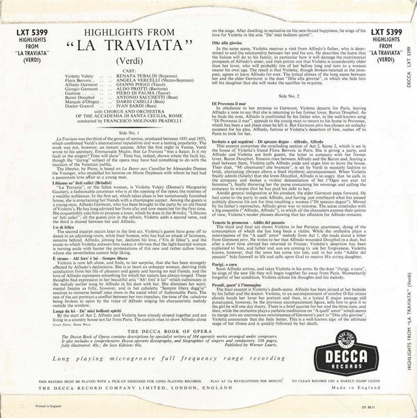 Giuseppe Verdi - Renata Tebaldi, Gianni Poggi, Aldo Protti , With Coro dell'Accademia Nazionale di Santa Cecilia And Orchestra dell'Accademia Nazionale di Santa Cecilia • Francesco Molinari-Pradelli : Highlights From La Traviata (LP, Mono)