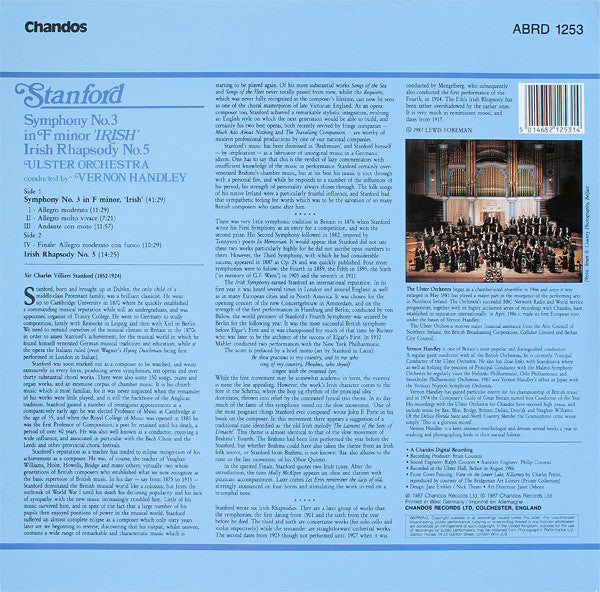 Charles Villiers Stanford, Ulster Orchestra Conducted By Vernon Handley : Symphony No.3 In F Minor 'Irish' / Irish Rhapsody No.5 (LP)