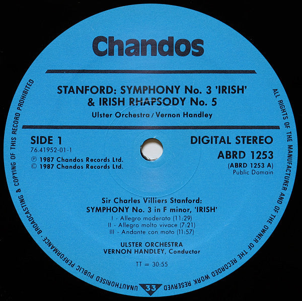 Charles Villiers Stanford, Ulster Orchestra Conducted By Vernon Handley : Symphony No.3 In F Minor 'Irish' / Irish Rhapsody No.5 (LP)