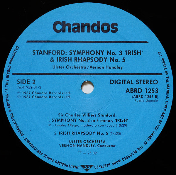 Charles Villiers Stanford, Ulster Orchestra Conducted By Vernon Handley : Symphony No.3 In F Minor 'Irish' / Irish Rhapsody No.5 (LP)