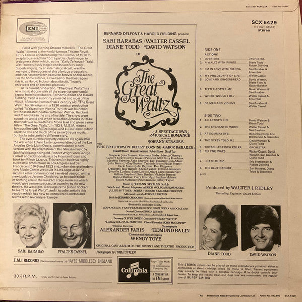 Sari Barabas, Walter Cassel, Diane Todd, David Watson (10) : The Great Waltz - Original Cast Album Of The Drury Lane Theatre Production (LP, Album)