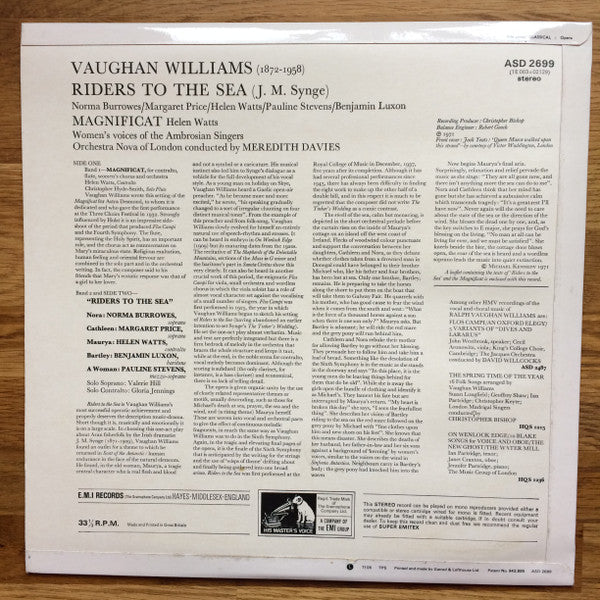 Ralph Vaughan Williams, Helen Watts, Margaret Price, Norma Burrowes, Benjamin Luxon, The Ambrosian Singers, Orchestra Nova Of London, Meredith Davies : Riders To The Sea - Magnificat (LP, Album)