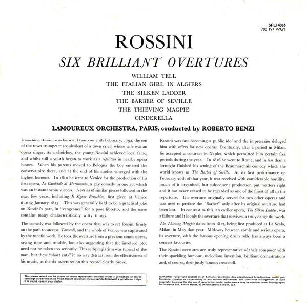 Gioacchino Rossini, Orchestre Des Concerts Lamoureux Conducted By Roberto Benzi : Overtures - William Tell : The Italian Girl In Algiers : The Silken Ladder : The Barber Of Seville : The Thieving Magpie : Cinderella (LP, Comp)