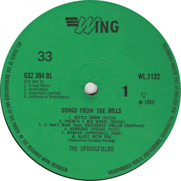 The Springfields : Songs From The Hills (LP, Album, Mono, RE)
