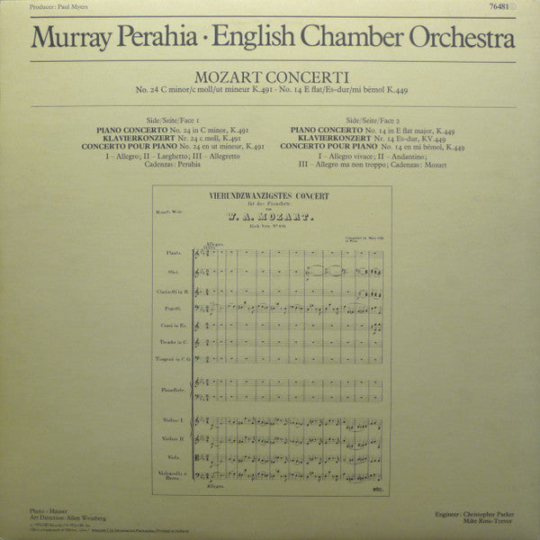 Murray Perahia - Wolfgang Amadeus Mozart, English Chamber Orchestra : Mozart Concerti N° 24. C Minor / C-moll / Ut Mineur, K.491 / N° 14. E Flat / Es-dur / Mi Bémol, K.449 (LP, Album)