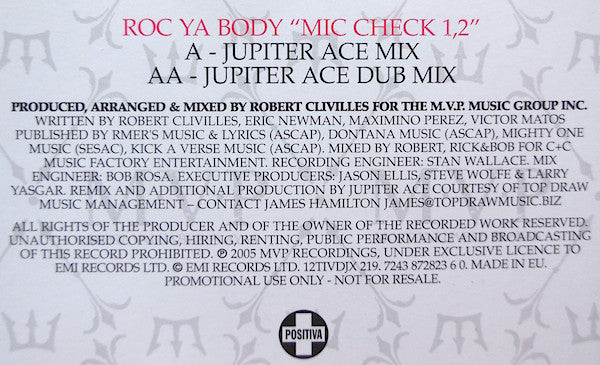 M.V.P. : Roc Ya Body "Mic Check 1, 2" (12", Single, Promo)