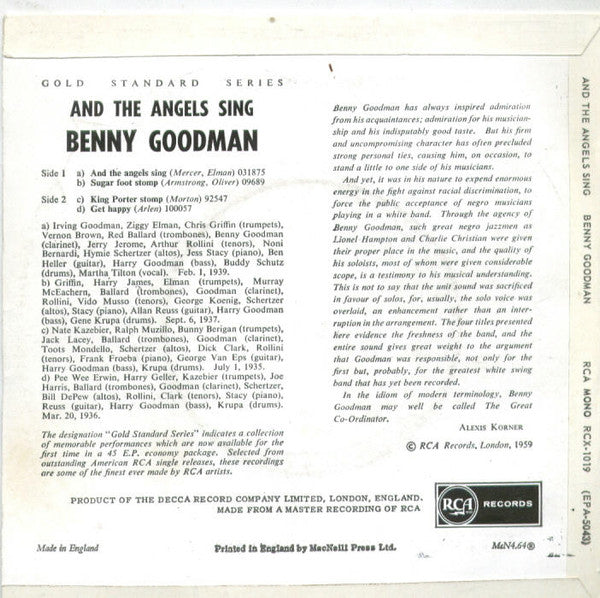 Benny Goodman And His Orchestra : And The Angels Sing (7", EP)
