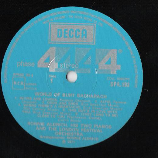 Ronnie Aldrich And His Two Pianos With The London Festival Orchestra : The World Of Burt Bacharach (LP, Album)