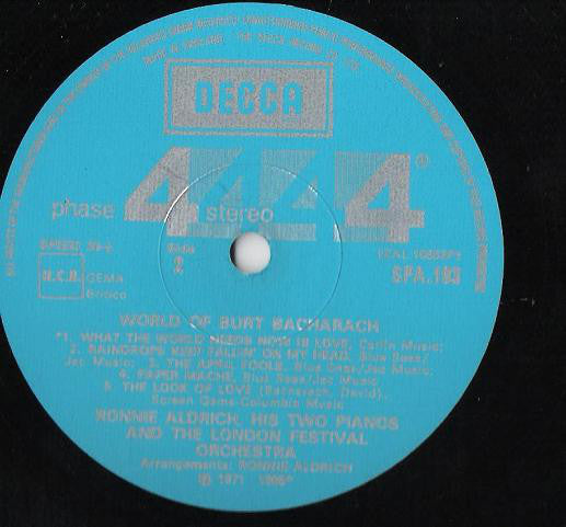 Ronnie Aldrich And His Two Pianos With The London Festival Orchestra : The World Of Burt Bacharach (LP, Album)