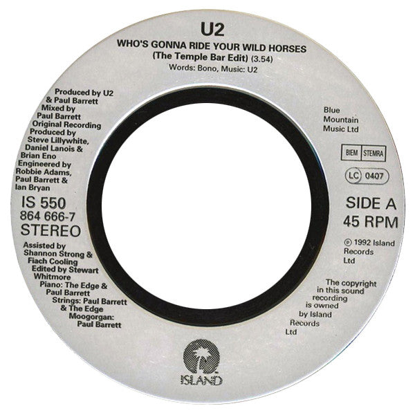 U2 : Who's Gonna Ride Your Wild Horses (7", Single, Jukebox, Sil)
