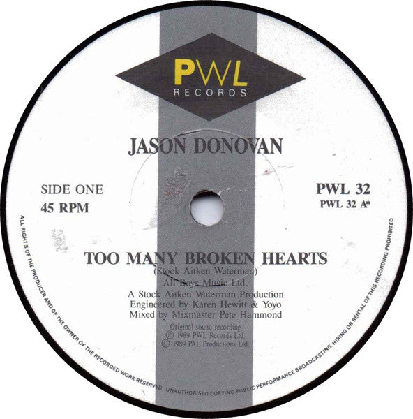 Jason Donovan : Too Many Broken Hearts (7", Single, Pap)