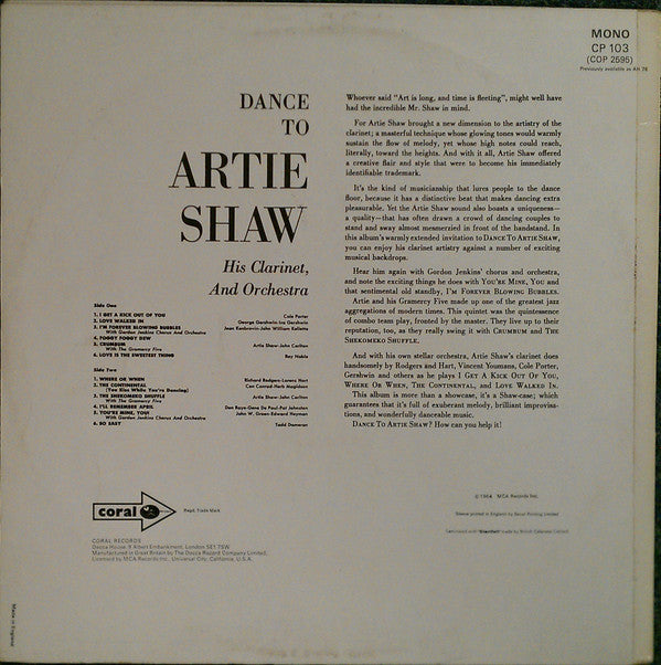 Artie Shaw And His Orchestra : Dance To Artie Shaw And His Orchestra (LP, Album, Mono, RE)