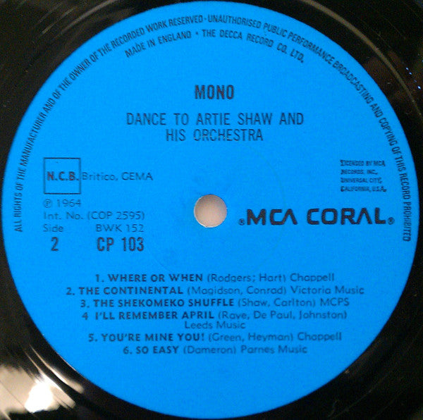 Artie Shaw And His Orchestra : Dance To Artie Shaw And His Orchestra (LP, Album, Mono, RE)