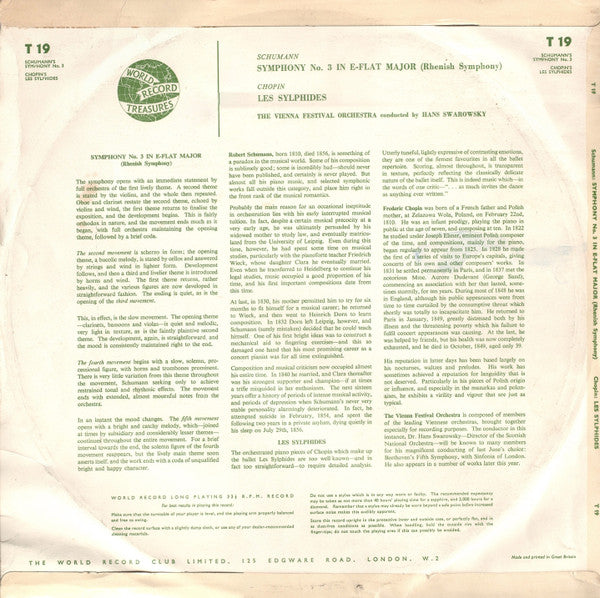 Robert Schumann / Frédéric Chopin, Wiener Festspielorchester Conducted By Hans Swarowsky : Rhenish Symphony / Les Sylphides (LP, Mono, Club)