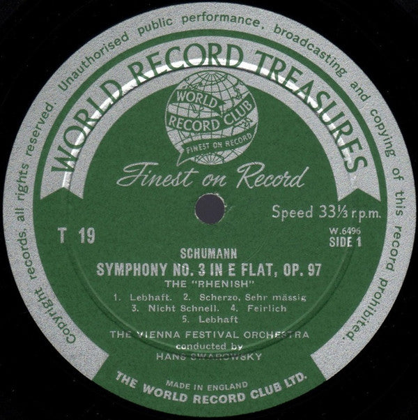 Robert Schumann / Frédéric Chopin, Wiener Festspielorchester Conducted By Hans Swarowsky : Rhenish Symphony / Les Sylphides (LP, Mono, Club)