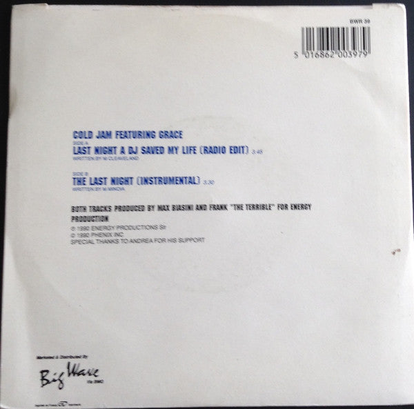 ColdJam Featuring Grace (4) : Last Night A DJ Saved My Life (7", Single, Sil)
