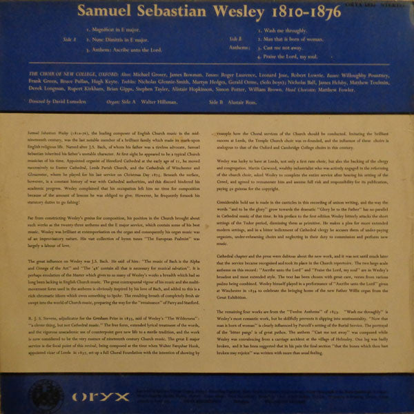 Samuel Sebastian Wesley / The New College Oxford Choir : Choral Music By S.S. Wesley (LP)