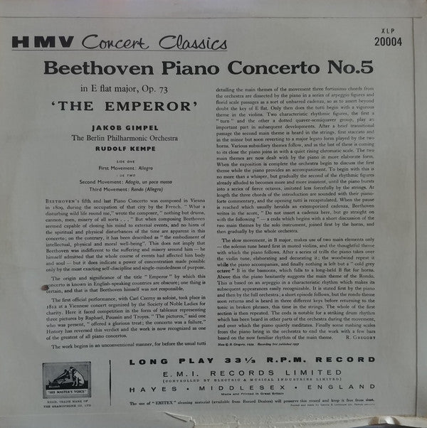 Ludwig van Beethoven ; Jakob Gimpel, Berliner Philharmoniker, Rudolf Kempe : Emperor Concerto (LP, Mono)