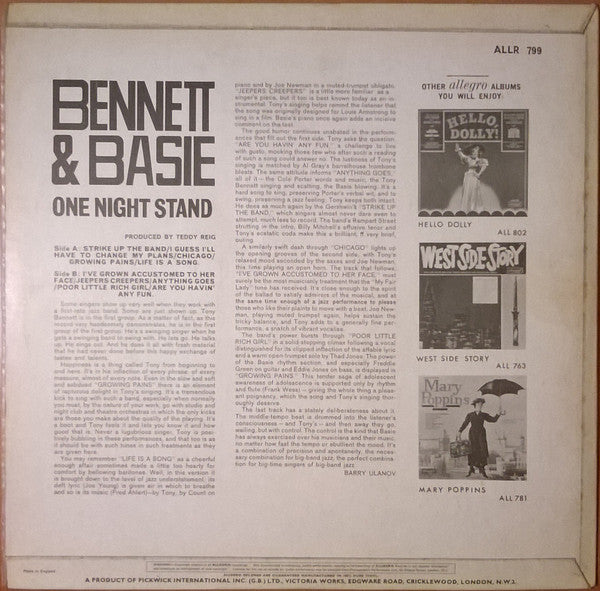 Tony Bennett With Count Basie Orchestra : One Night Stand (LP, RE)