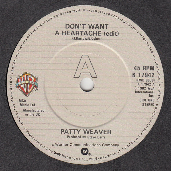 Patty Weaver : Don't Want A Heartache (7", Single)