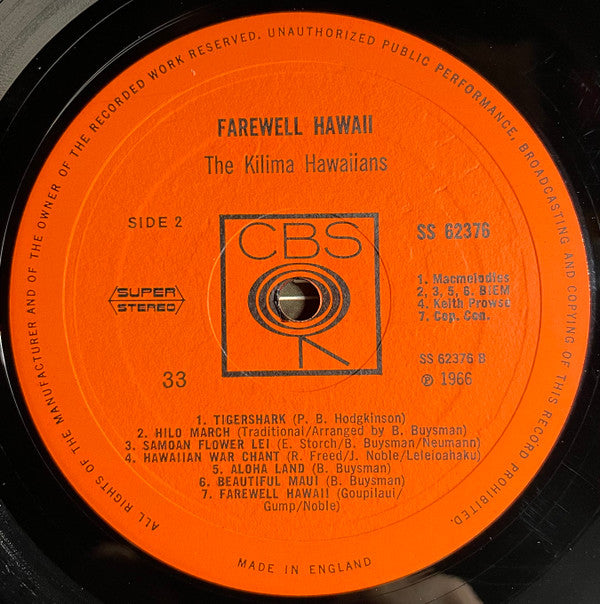 De Kilima Hawaiians : Farewell Hawaii (LP, Album)