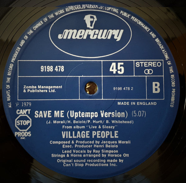 Village People : Sleazy (Disco Mix) / Save Me (Uptempo Version) (12")