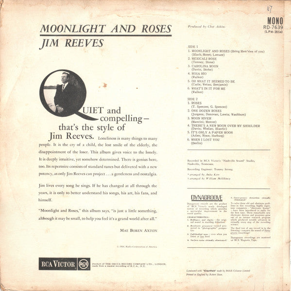 Jim Reeves : Moonlight And Roses (LP, Album, Mono)
